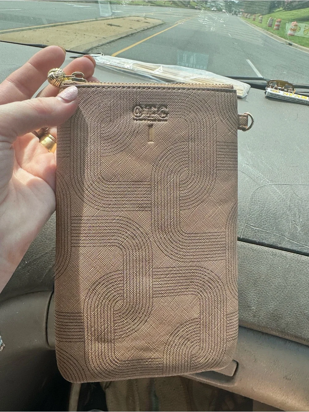 24/7 Tan Embossed Crossbody Phone Pouch with Gold Accents